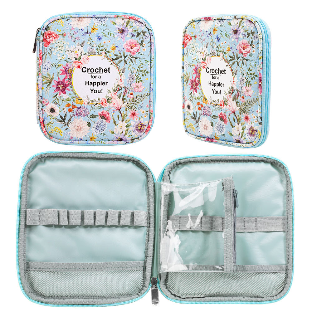 Textile Sewing Kit - กระเป๋าเก็บอุปกรณ์ถักนิตติ้งกันน้ำ สำหรับงานถักโครเชต์ DIY ลายดอกไม้ ช่องใส่ของหลายช่อง พร้อมซิป