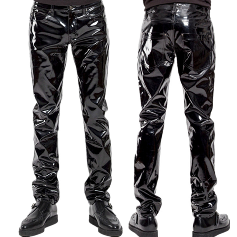 Sewing Latex - เงา PVC Latex กางเกงผู้ชายรถจักรยานยนต์สีดำกางเกงบุรุษแฟชั่นหนัง Faux ขี่มอเตอร์กันน้ำ