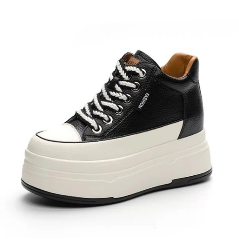 Sewing Latex - 9 ซม.วัวหนังนิ่มของแท้หนังผู้หญิง Vulcanized รองเท้าแพลตฟอร์ม WEDGE High