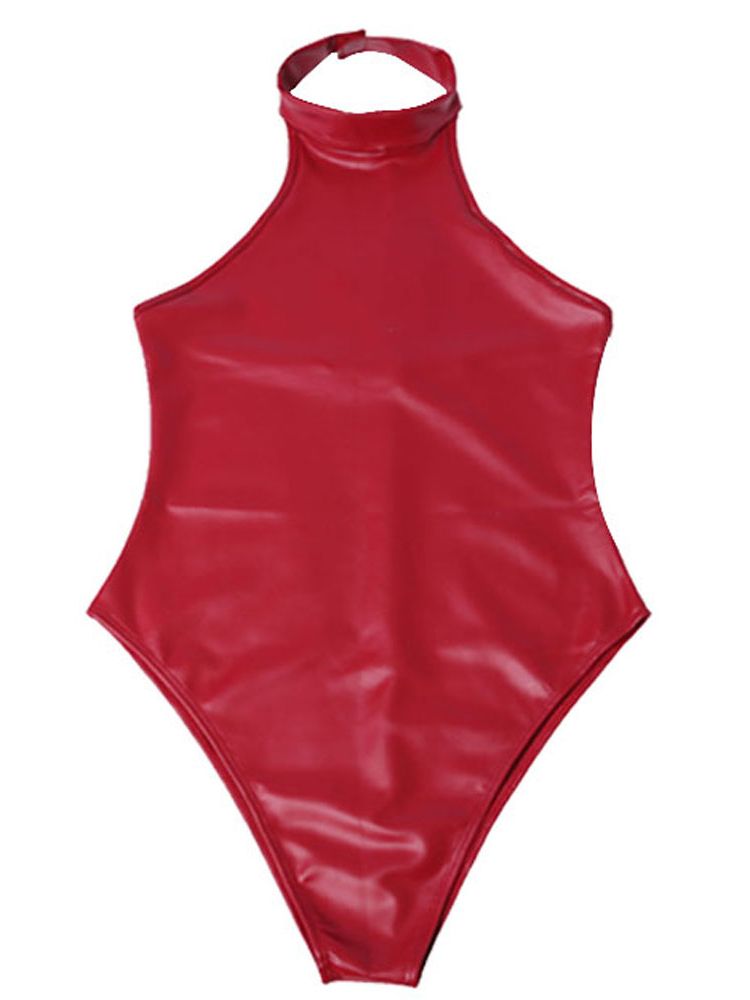 Sewing Latex - ชุดบอดี้สูทหนัง PU แบบเปิดหลังรัดรูปแนบเนื้อรัดรูปคอสเพลย์ทำจากหนัง PU เงาดูเปียก